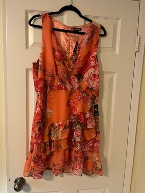 Express Orange Floral Tiered V-Neck Dress